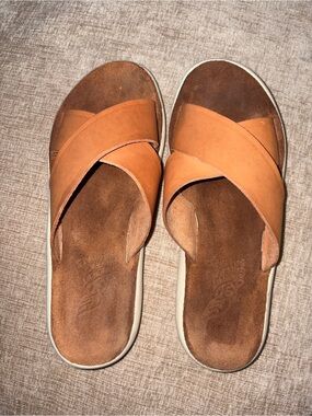 Ancient Greek Sandals Cognac Leather Crisscross Slide Sandals